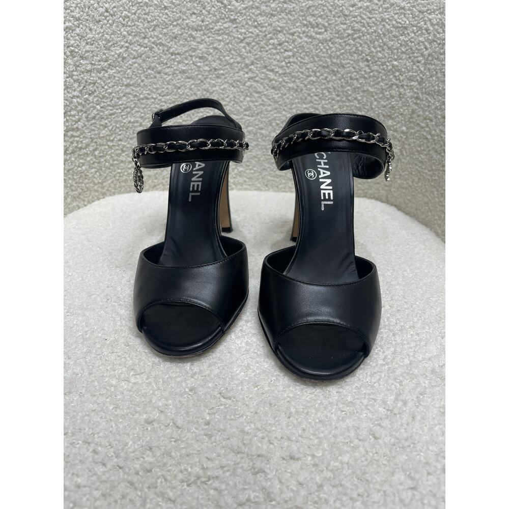 Chanel Women's Black Leather Peep Toe Sandals Size 37 - Made in Italy